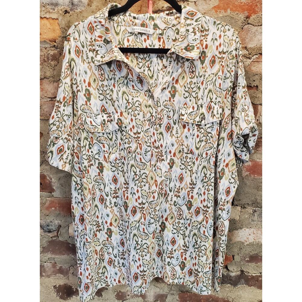 Emily Daniels Womens Blouse 2X Plus Ikat Print Top Roll Tab Sleeve Multicolor